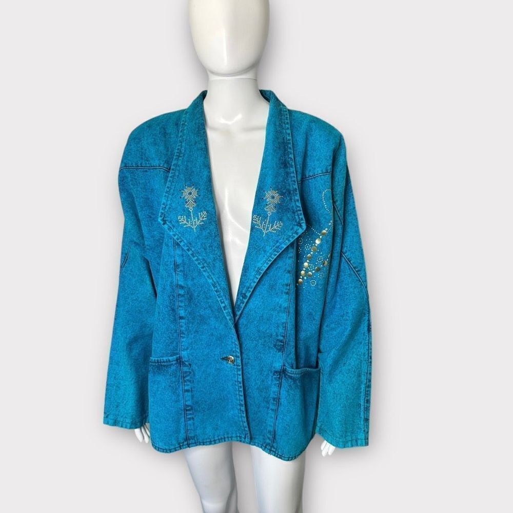 Vintage 80s Sundance Denim Jacket Large Western Teal Blue Nashville Rodeo Dallas